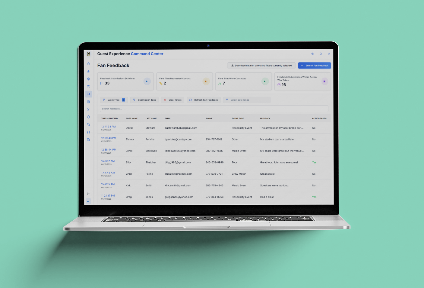 Laptop mockup showing fan feedback dashboard with metrics and data table