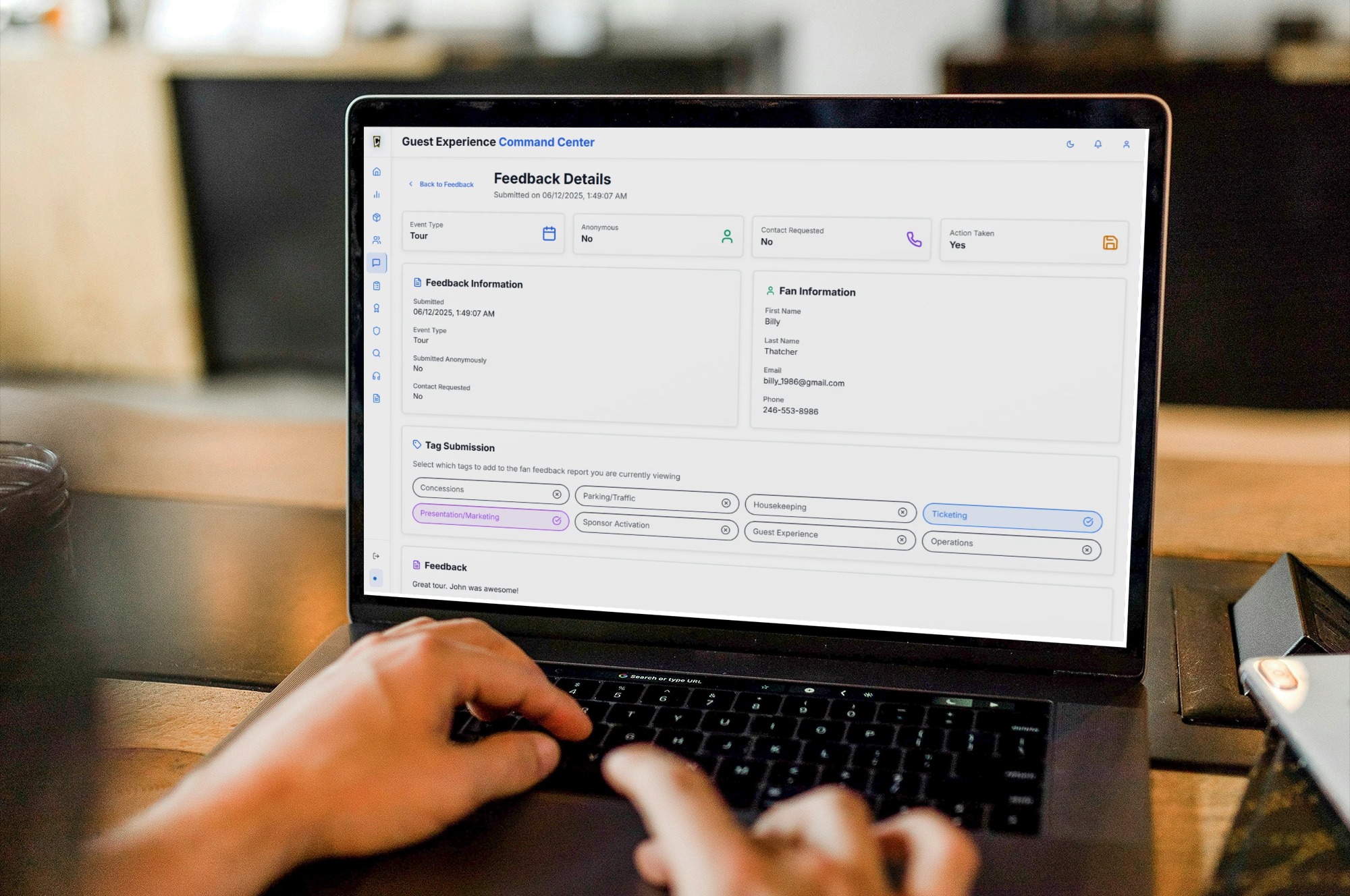 Laptop mockup showing fan feedback dashboard with detailed feedback information, fan contact details, and tag categorization system