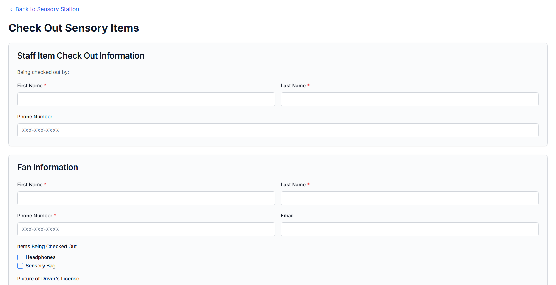 Sensory station check-in form interface