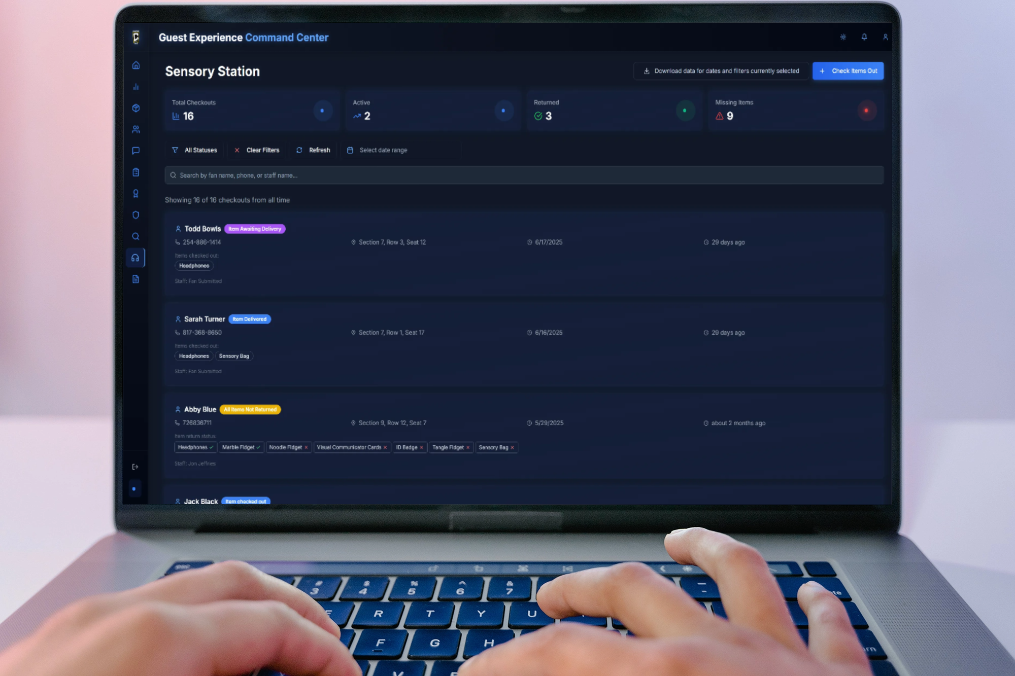 Laptop displaying sensory station dashboard with real-time inventory management and checkout tracking