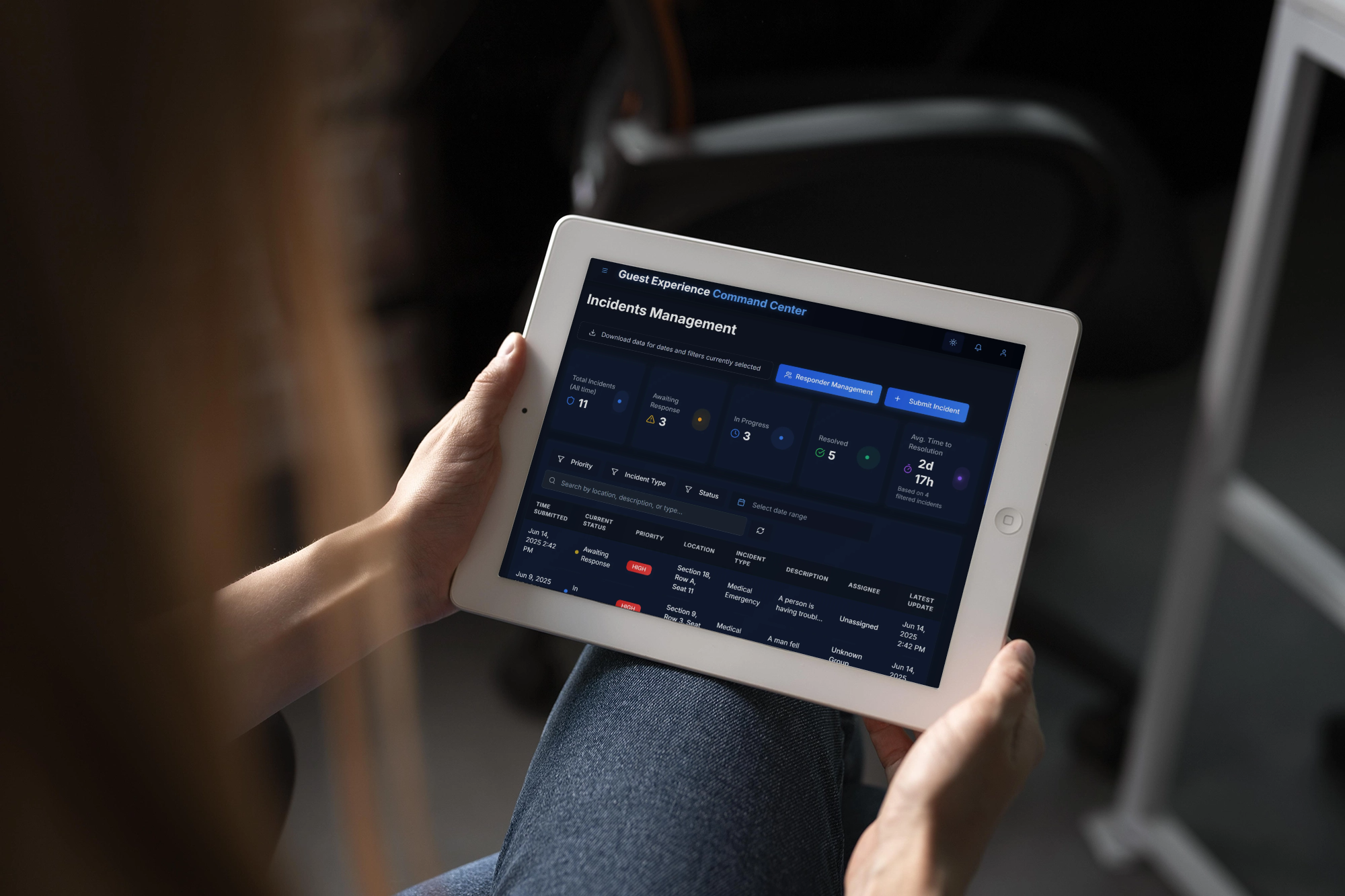 Tablet showing dark mode incidents management dashboard
